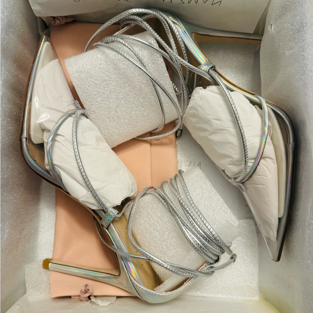 Stuart Weitzman Stuart Lace-Up Point Toe Stiletto Pump in Silver/Clear - Picture 6 of 6